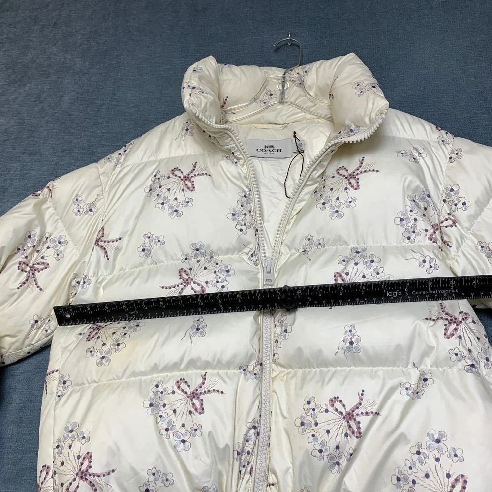 Coach Puffer Jacket Womens Large Cream Floral Print Long Sleeve Winter Full Zip